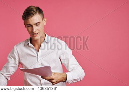 Handsome Man Learning Positive Emotions Student Isolated Background