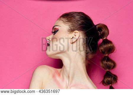 Pretty Woman Naked Shoulders Cosmetics Bright Makeup Pink Background