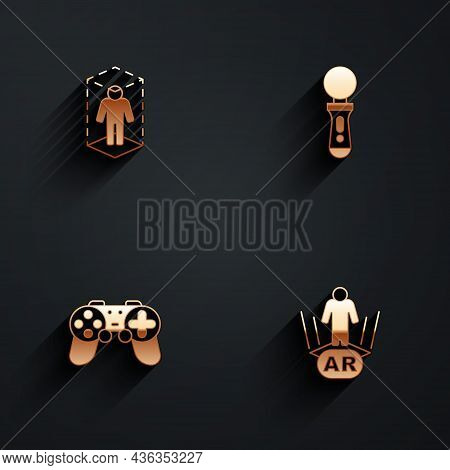 Set 3d Modeling, Vr Controller Game, Gamepad And Augmented Reality Ar Icon With Long Shadow. Vector