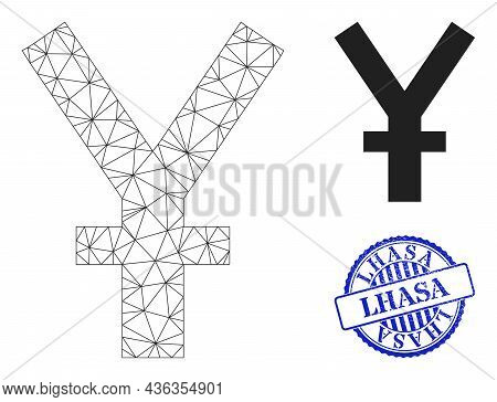 Web Mesh Yuan Currency Vector Icon, And Blue Round Lhasa Corroded Stamp. Lhasa Stamp Seal Uses Round