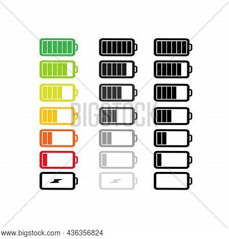 Icon Set Of Batteries With Different Degree Of Energy Charge. Battery Black Color Black Battery With