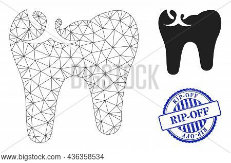 Web Mesh Tooth Caries Vector Icon, And Blue Round Rip-off Corroded Stamp Seal. Rip-off Stamp Seal Us