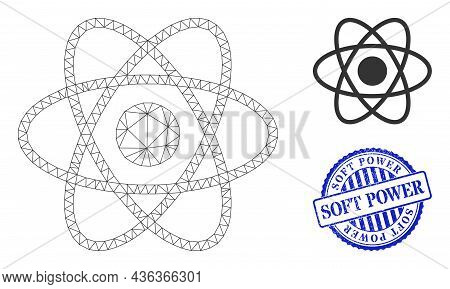 Web Mesh Atom Vector Icon, And Blue Round Soft Power Grunge Rubber Print. Soft Power Imprint Uses Ro