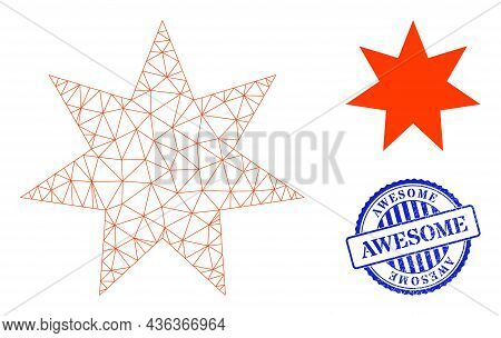 Web Mesh Seven Pointed Star Vector Icon, And Blue Round Awesome Grunge Watermark. Awesome Watermark 