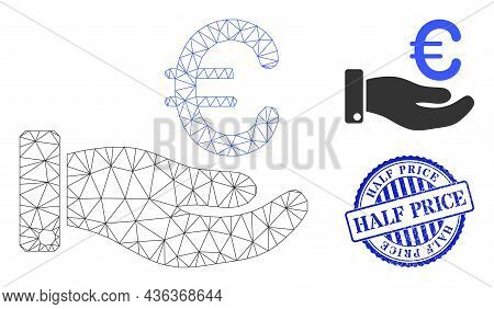 Web Mesh Hand Give Euro Vector Icon, And Blue Round Half Price Grunge Watermark. Half Price Seal Use