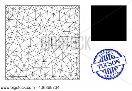 Web Mesh Square Vector Icon, And Blue Round Tucson Scratched Stamp Seal. Tucson Stamp Seal Uses Roun