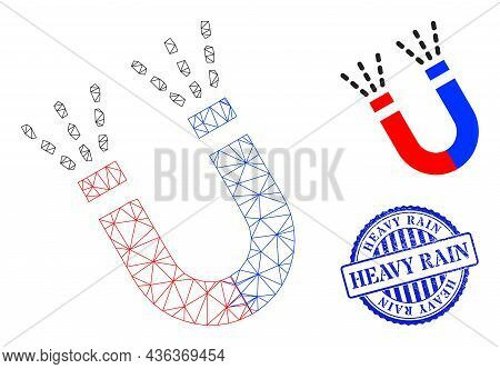 Web Net Magnet Force Vector Icon, And Blue Round Heavy Rain Grunge Stamp Seal. Heavy Rain Stamp Seal