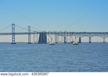 View Of Chesapeake Bay Bridge From Sandy Point State Park In Annapolis, Maryland