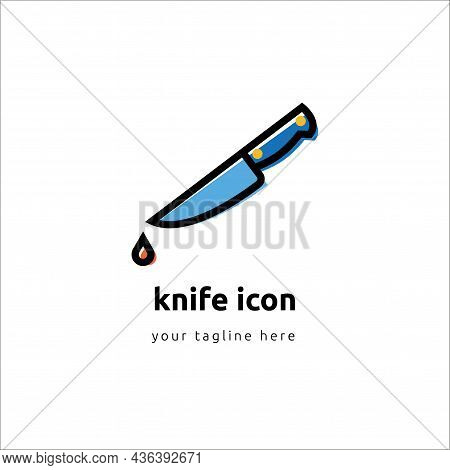 Knife In Blood Line Icon, Halloween Concept, Bloody Knife Sign On White Background, Weapons With Blo
