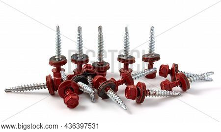 Metal Roofing Screws. Colored Self-tapping Screws For Metal With A Hex Head Drill On A White Backgro