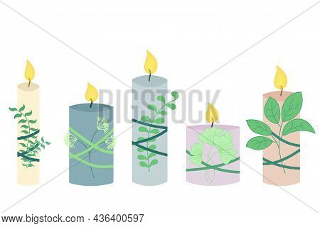 Set Of Candles With Plants. Relaxation And Relaxation Concept, Natural Aroma Candles For Yoga Or Med