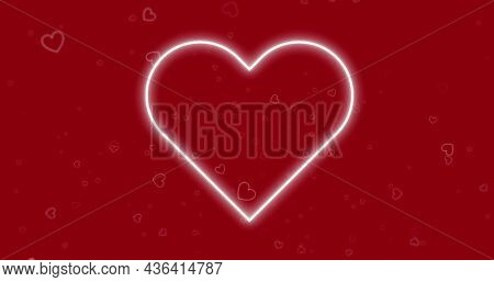 Image of red hearts icons floating and neon heart on redbackground. valentine's day, romance and love concept digitally generated image.