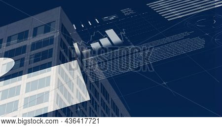 Financial and statistical data processing over tall building against blue background. global finance and business concept