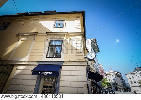 Ljubljana, Slovenia - June 14, 2021: Longines Logo On Their Jewelry Retailer In Ljubljana. Longines 