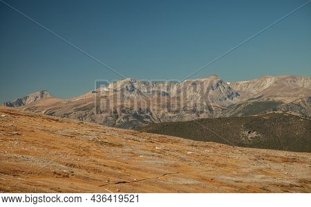 Hiking Trail View Of Mount Hague, Mount Wood, Pyramid Peak In Beartooth Mountains, Montana