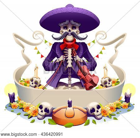 Dia De Los Muertos Mexican Holiday Skeleton Old Man Musician Violin. Day Of Dead Greeting Card