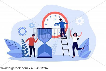 Businessman Moving Hands Of Clock, Meeting Deadline. Team Of Tiny Efficient Business People Working 