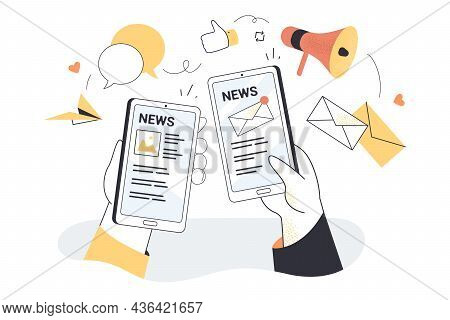 Hand Holding Smartphones With Online Newspaper, Newsletter, Weblog. Cellphone News Application, Webs