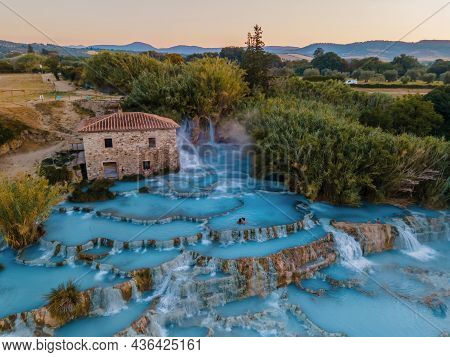 Natural Spa With Waterfalls And Hot Springs At Saturnia Thermal Baths, Grosseto, Tuscany, Italy, Hot