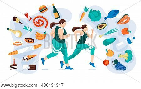 Running Women With Different Set Of Healthy And Fast Food Environment. Motivation Methaphor Flat Vec