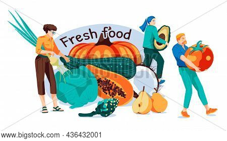 Big Healthy Set Food Of Fruits And Vegetables Set Small People Who Chosing And Holding Some  Big Veg