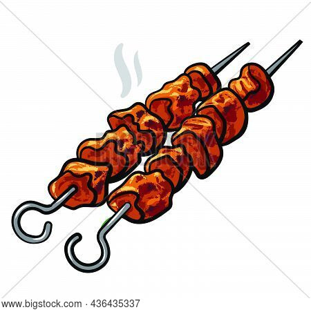 Illustration Of The Grilled Cooking Hot Kebab On The Skewers