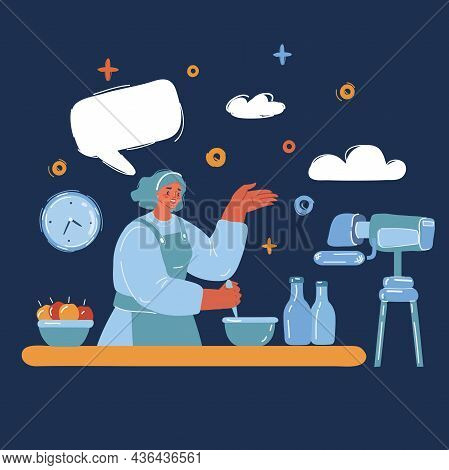 Vector Illustration Of Cooking Blogger Making A Review. Popular Videoblogger With An Influence On Th