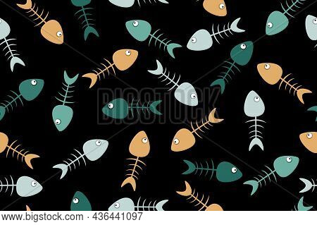 Multi Colored Seamless Pattern With Fish Skeletons On Black Background. Seamless Repeating Pattern W