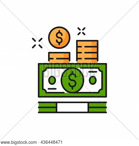 Money Paper Green Bills And Gold Coins Isolate Flat Line Icon. Vector Charity Payments, Finance Bank