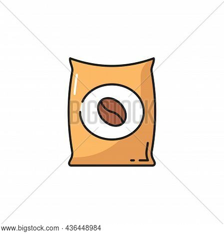 Roasted Coffee Beans In Bag Or Package Isolated Flat Line Icon. Vector Aroma Arabica In Paper Bag, N