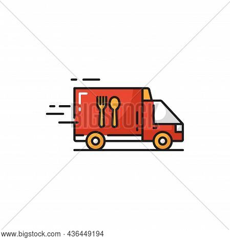 Truck Van Online Food Order Quick Express Delivery Isolated Flat Icon. Vector Hot Dinners And Lunche