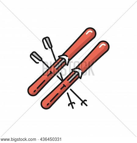 Skier Gear Isolated Pair Of Winter Skis, Swiss Sport Flat Line Icon. Vector Skier Gear, Switzerland 