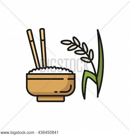 Steamed Rice In Bowl With Chopsticks Isolated Color Line Icon. Vector Cup Of Rice, Dinner Food In Ce