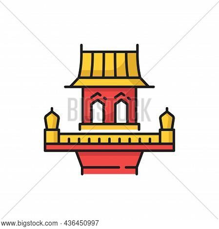 Thailand Building, Retro Thai Home House Isolated Red And Yellow Color Line Icon. Vector Old Spirit 