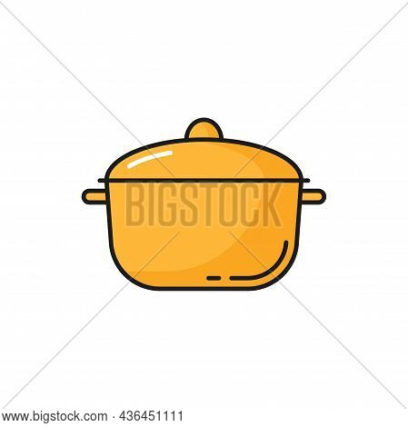 Saucepan, Yellow Kitchenware Cooking Pot Isolated Line Icon. Vector Metal Large Dishware Object To B