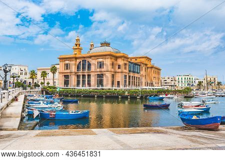 Bari, Puglia, Italy - August 27 2021: Little Harbor With Wooden Colorful Boats And Margherita Theate