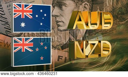 Gold Plated Aud And Nzd Symbols Along With The Flags Of Australia And New Zealand Against The Backgr