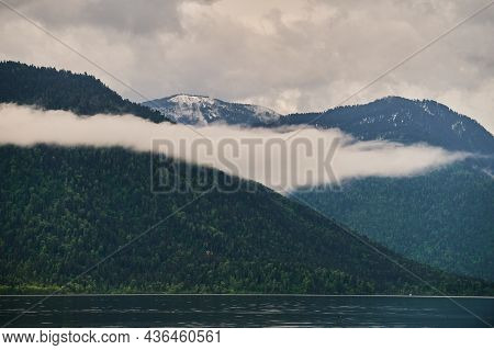 Beautiful Panoramic View At Kucherla Mountain Lake And Mountain Range. Belukha National Park, Altai 
