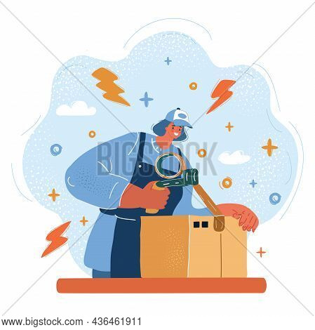 Vector Illustration Of Smiling Modern Business Woman Pointing To A Large Cardboard Box. The Packer P