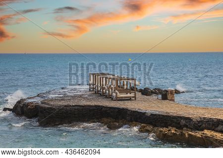 Romantic Beach Baldachins Available For Tourists, On A Small Beach Peninsula In Hersonissos, Crete, 