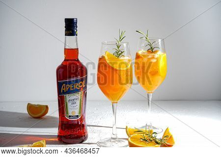 Italian Tincture Aperol For Making Cocktail Aperol Spitz. Red-orange Wine In A Bottle. Alcoholic Dri