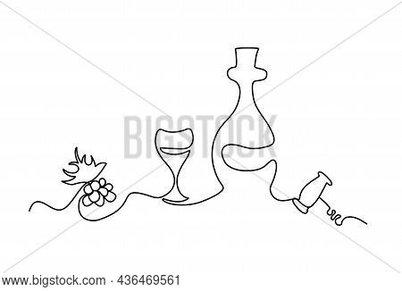 Lineart Set Of Grape Glass Bottle And Corkscrew. Sommelier Line Art. Party Theme. Vector Illustratio