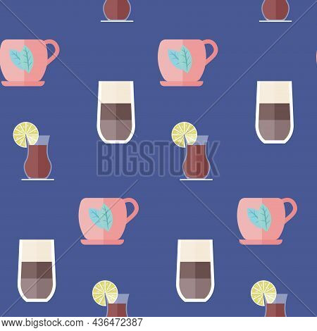 Hot Drinks Seamless Pattern. Isolated On Blue Background Dector Illustration.