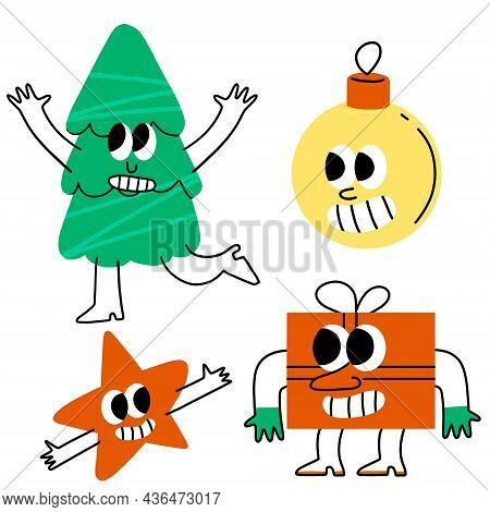 Set Of Christmas Characters. Christmas Tree With Face, Cheerful Gift, Cute Star With Hand And Garlan