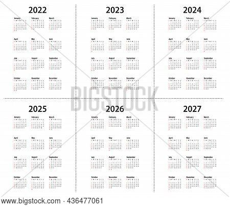 Calendar 2022, 2023, 2024, 2025, 2026, 2027 Year. Vector. The Week Starts On Sunday. Vertical Statio