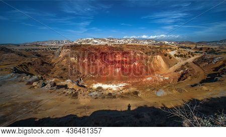 Troulloi Copper Mine In Larnaca Area, Cyprus. Abandoned Open Pit And Red Cap (gossan) Rich With Iron