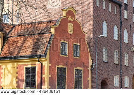 Sweden, Uppsala - April 19 2019: Detailed View Of Old Scandinavian Buildings On A Typical Street On 