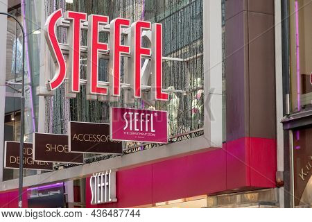 Vienna, Austria - July 28, 2021: The Red Banner Of Steffl Department Store In Vienna, Austria Where 