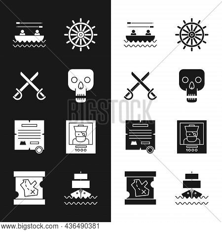 Set Skull, Crossed Pirate Swords, Boat With Oars, Ship Steering Wheel, Decree, Parchment, Scroll, Wa