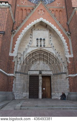 Sweden, Uppsala - April 19 2019: Exterior View Of Uppsala Cathedral Entrance On April 19 2019 In Upp